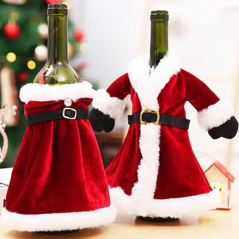 10 pcs Wine Bottle Cover Christmas Red Velvet Dress Clothes