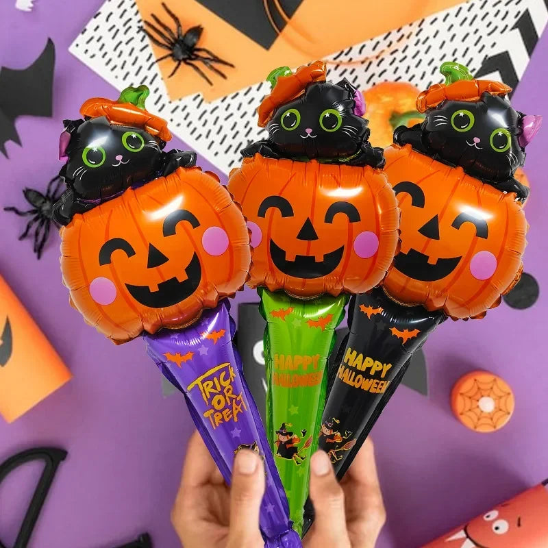 1/12pcs Halloween Balloon Stick Witch Pumpkin Cat Ghost Balloons Sticks