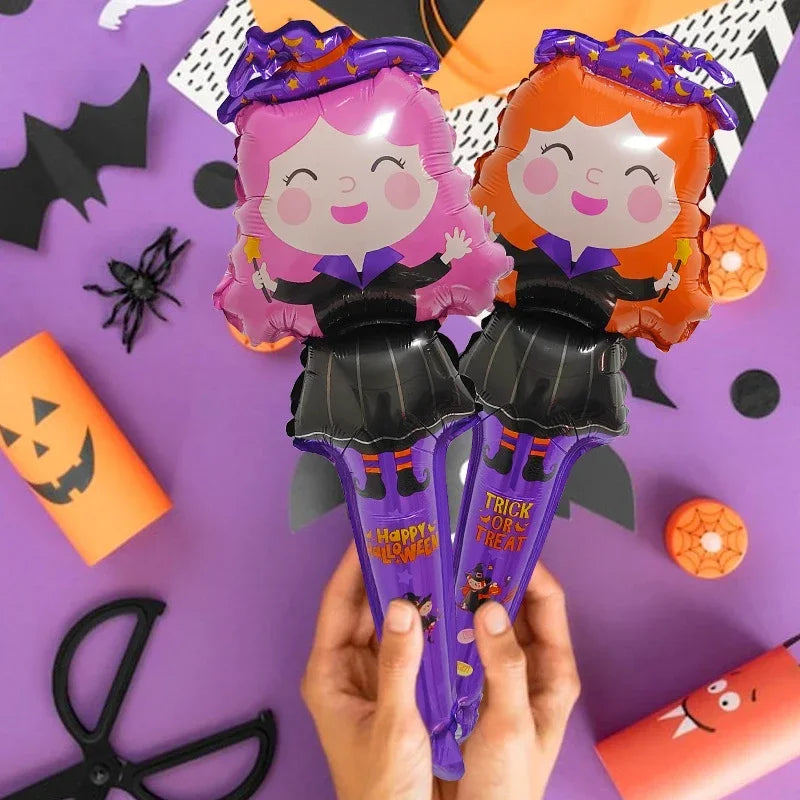 1/12pcs Halloween Balloon Stick Witch Pumpkin Cat Ghost Balloons Sticks