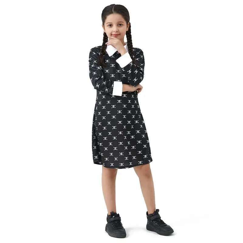 Girl Summer Dress Wednesday Adams Cosplay Costumes  Addams Family Costume Hand Clothing Black Dress Wig for Kids Girls Clothes