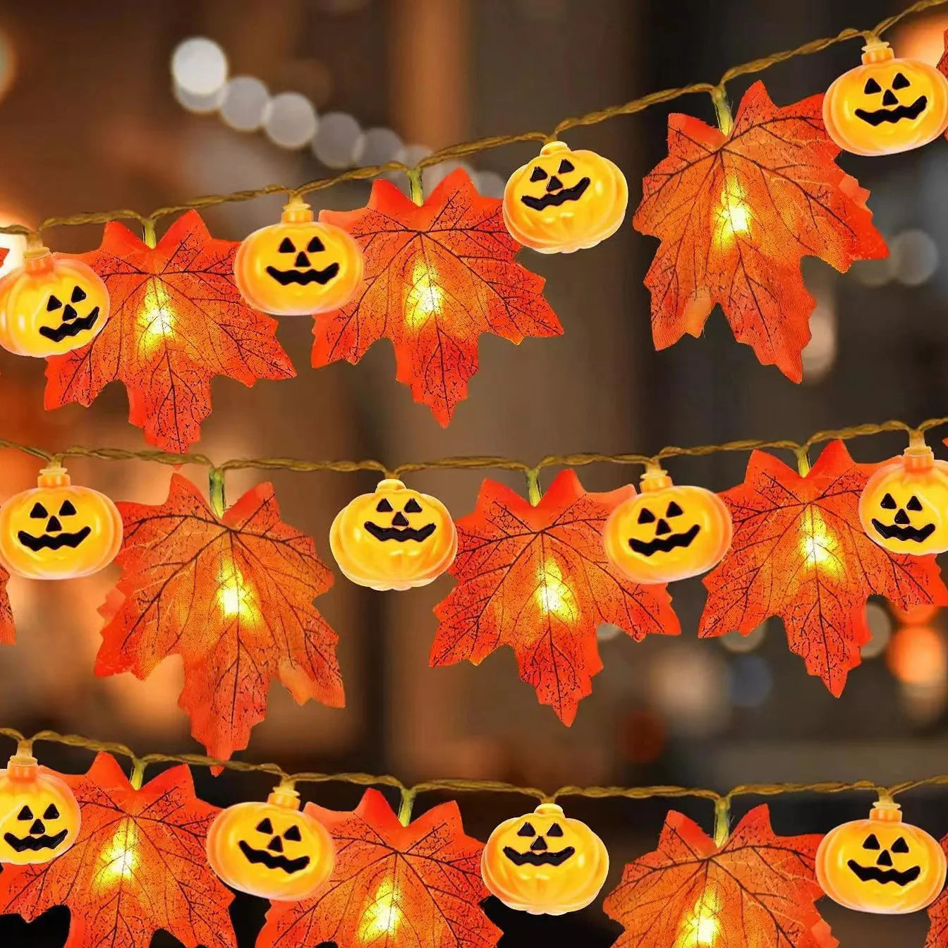 Artificial Fall Maple Leaves Pumpkin Garland Led Autumn Decorations Fairy Lights Halloween