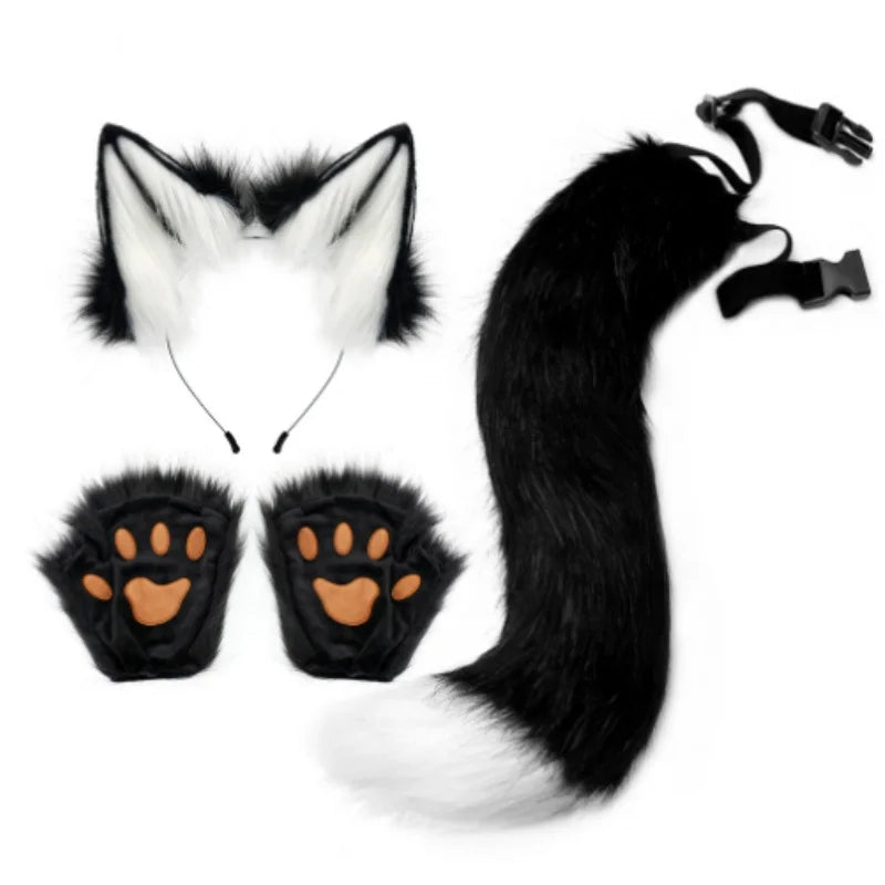 1SET Adjustable Cute Simulation Fox Tail Gloves Plush Fox Ear Hair Band Cosplay Woman Halloween Party