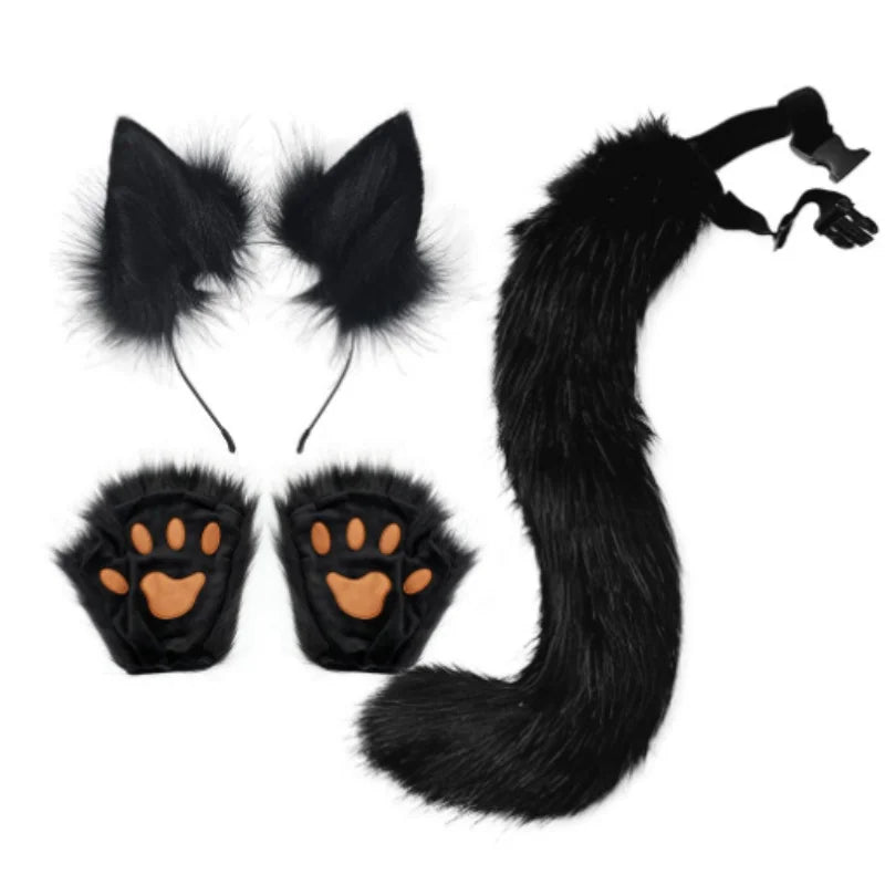 1SET Adjustable Cute Simulation Fox Tail Gloves Plush Fox Ear Hair Band Cosplay Woman Halloween Party