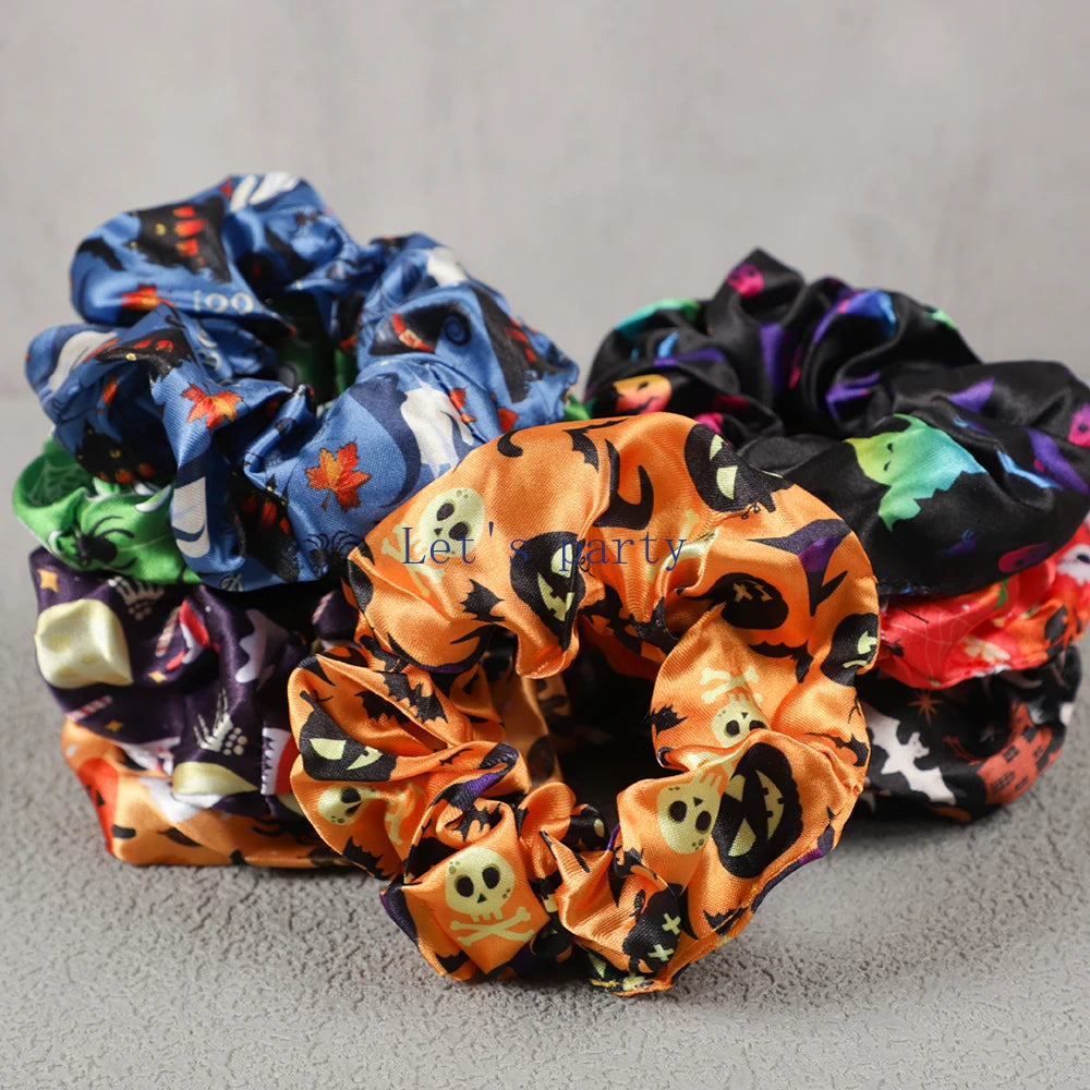 8Pcs Cartoon Ghost Pumpkin Hair Ties Skull Bat Satin Hair Band for Girl Halloween T