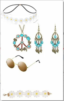 Peace Mark Necklace Costume 5 Piece Set Halloween Carnival Cosplay Party Hippie Tassels Vest 60s 70s Vintage Peace Earrings Set