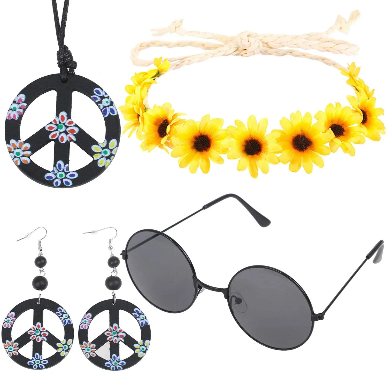 Peace Mark Necklace Costume 5 Piece Set Halloween Carnival Cosplay Party Hippie Tassels Vest 60s 70s Vintage Peace Earrings Set