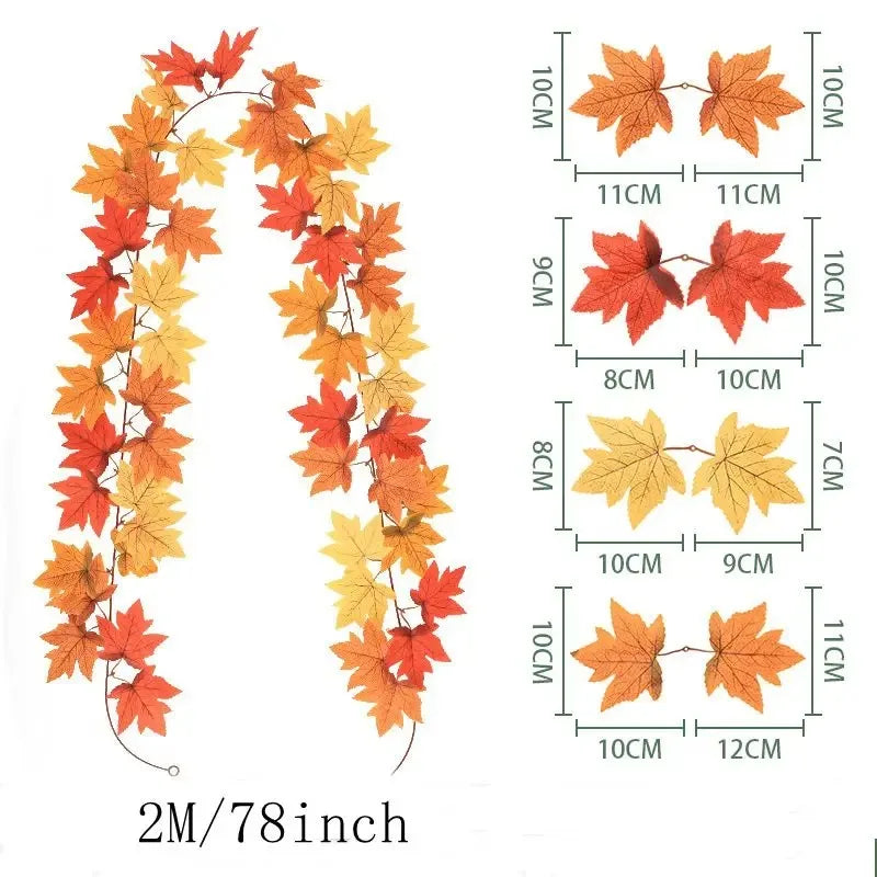 2M Artificial Fall Maple Leaf Garland Fake Plants Autumn Decor Leaves Vine