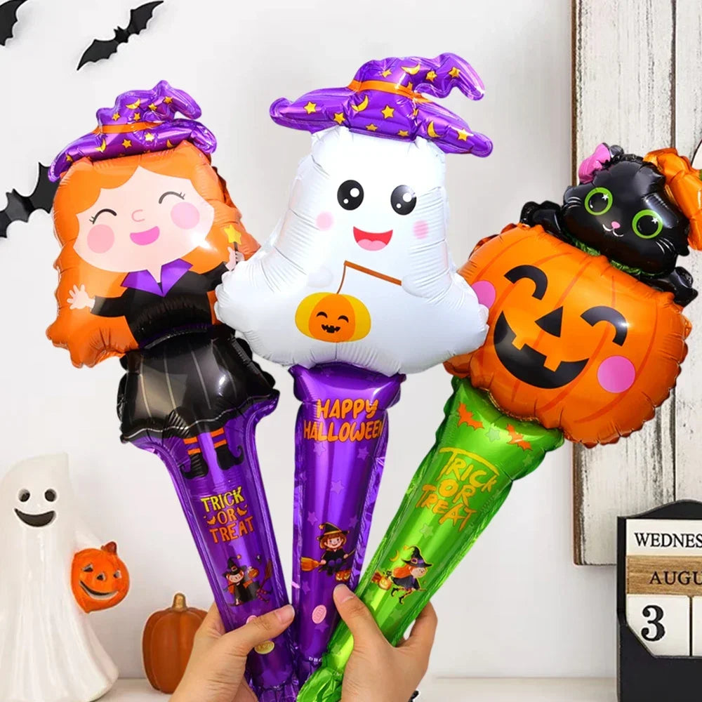 1/12pcs Halloween Balloon Stick Witch Pumpkin Cat Ghost Balloons Sticks