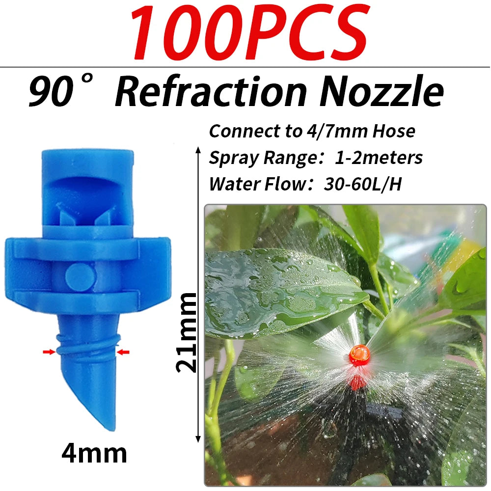 100PCS 90-360° Male Barbed Thread Refraction Micro Nozzles Garden Greenhouse Drip