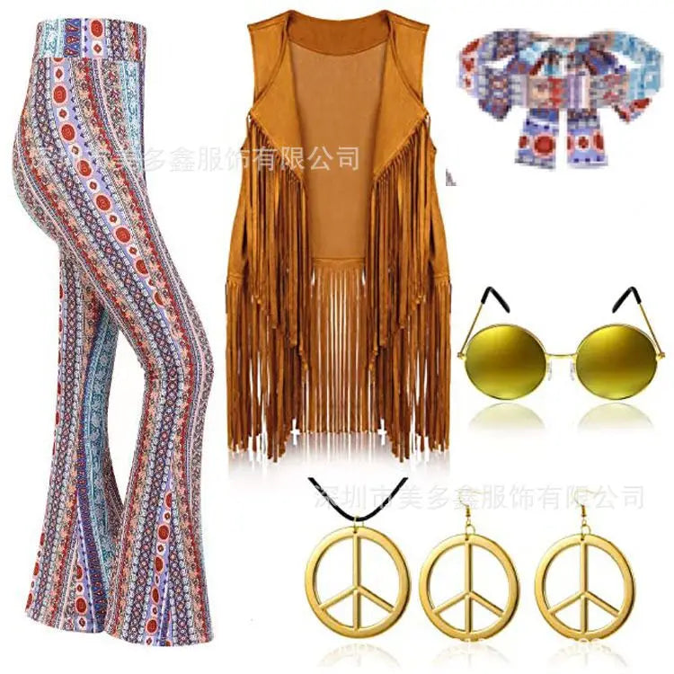 Hippie Disco 60s 70s Cosplay Costume Women Peace Love Girls Hip Indian Tassels Hippie Vest Cardigan Halloween Carnival Party