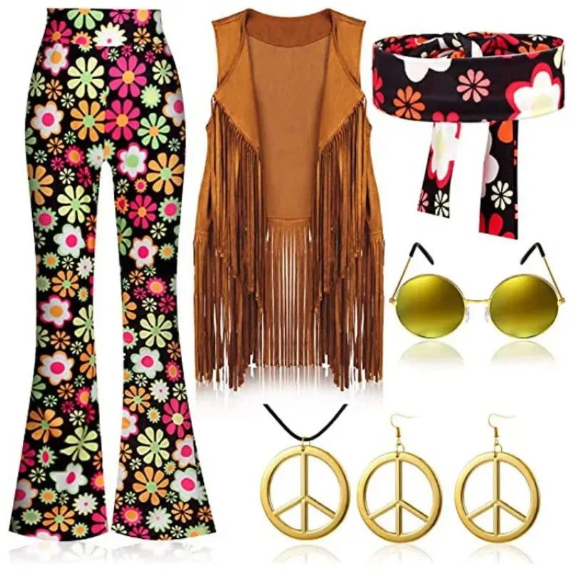 Hippie Disco 60s 70s Cosplay Costume Women Peace Love Girls Hip Indian Tassels Hippie Vest Cardigan Halloween Carnival Party