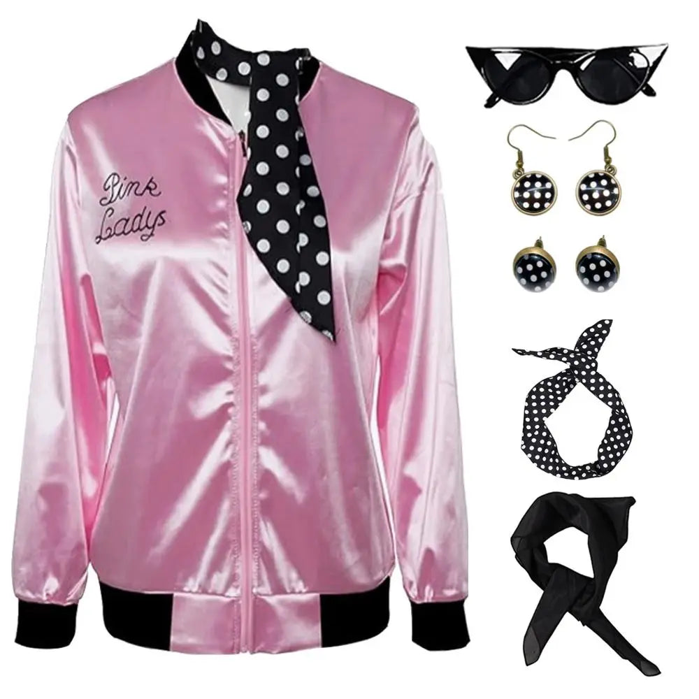 Pink Ladies Grease Costume for Adult Women Disguise Jacket Retro 50s 60s 70s 80s Costumes Halloween Carnival Disguise Party Suit