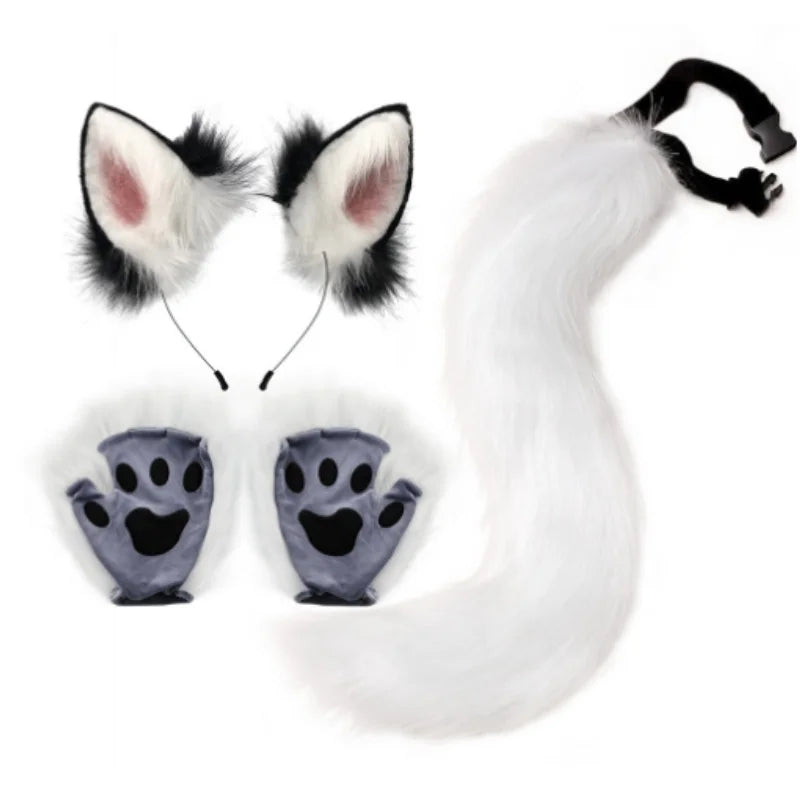 1SET Adjustable Cute Simulation Fox Tail Gloves Plush Fox Ear Hair Band Cosplay Woman Halloween Party