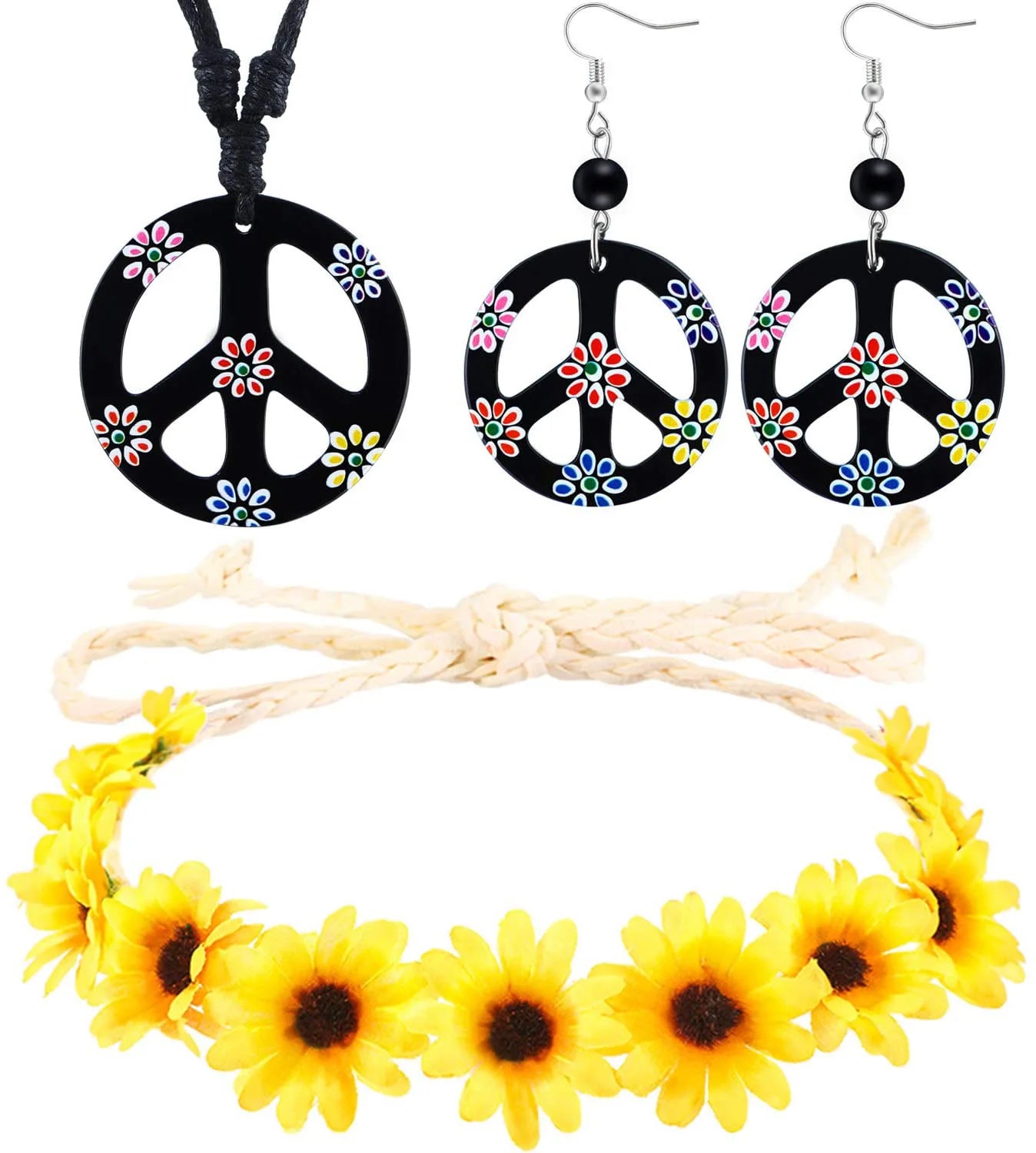 Peace Mark Necklace Costume 5 Piece Set Halloween Carnival Cosplay Party Hippie Tassels Vest 60s 70s Vintage Peace Earrings Set