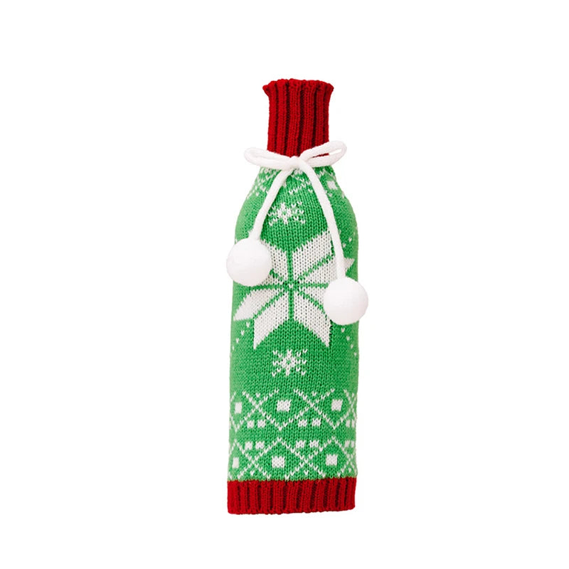 Christmas Knitted Wine Bottle Cover Pompom Bow Decor Santa Costume