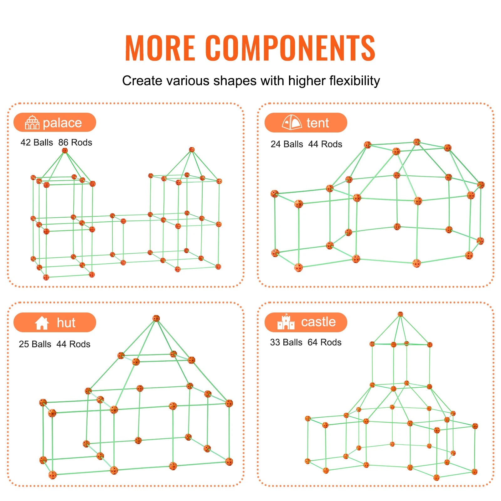 Fort Building Kit Children's DIY Indoor Castle Beading Stem with 96 Rods and 44 Balls