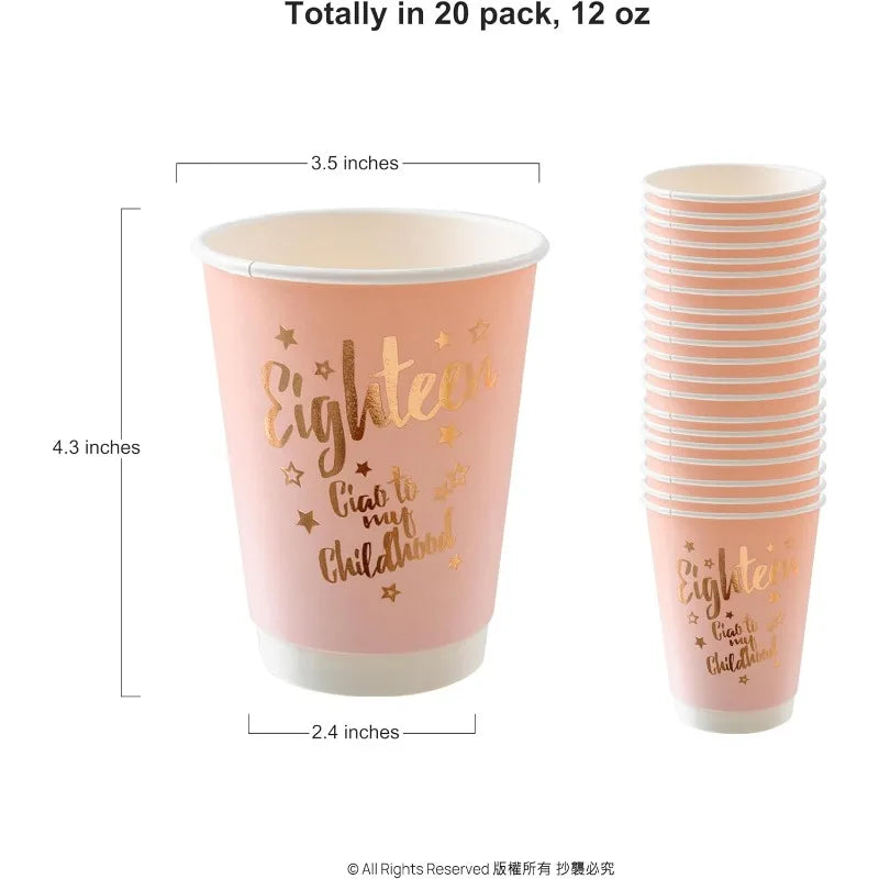 20Pcs Happy 18th Birthday Pink Rose Gold 12oz Paper Cups