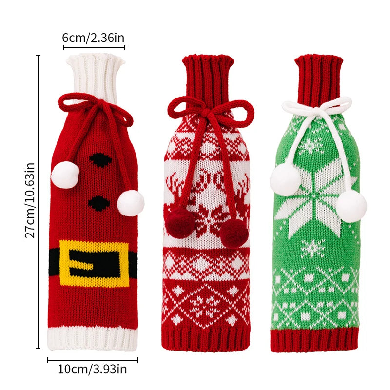 Christmas Knitted Wine Bottle Cover Pompom Bow Decor Santa Costume