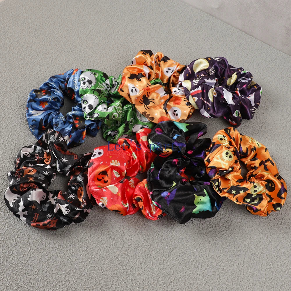 8Pcs Cartoon Ghost Pumpkin Hair Ties Skull Bat Satin Hair Band for Girl Halloween T