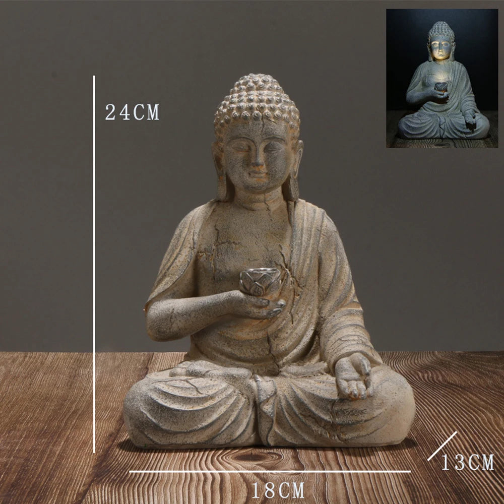 Resin Solar Buddha Statue Sculpture Garden Decor Light Zen Asian Japanese Garden Decoration Outdoor Front Porch Patio Yard Home