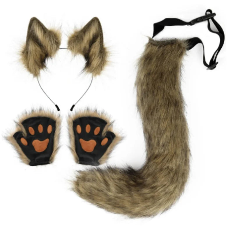 1SET Adjustable Cute Simulation Fox Tail Gloves Plush Fox Ear Hair Band Cosplay Woman Halloween Party