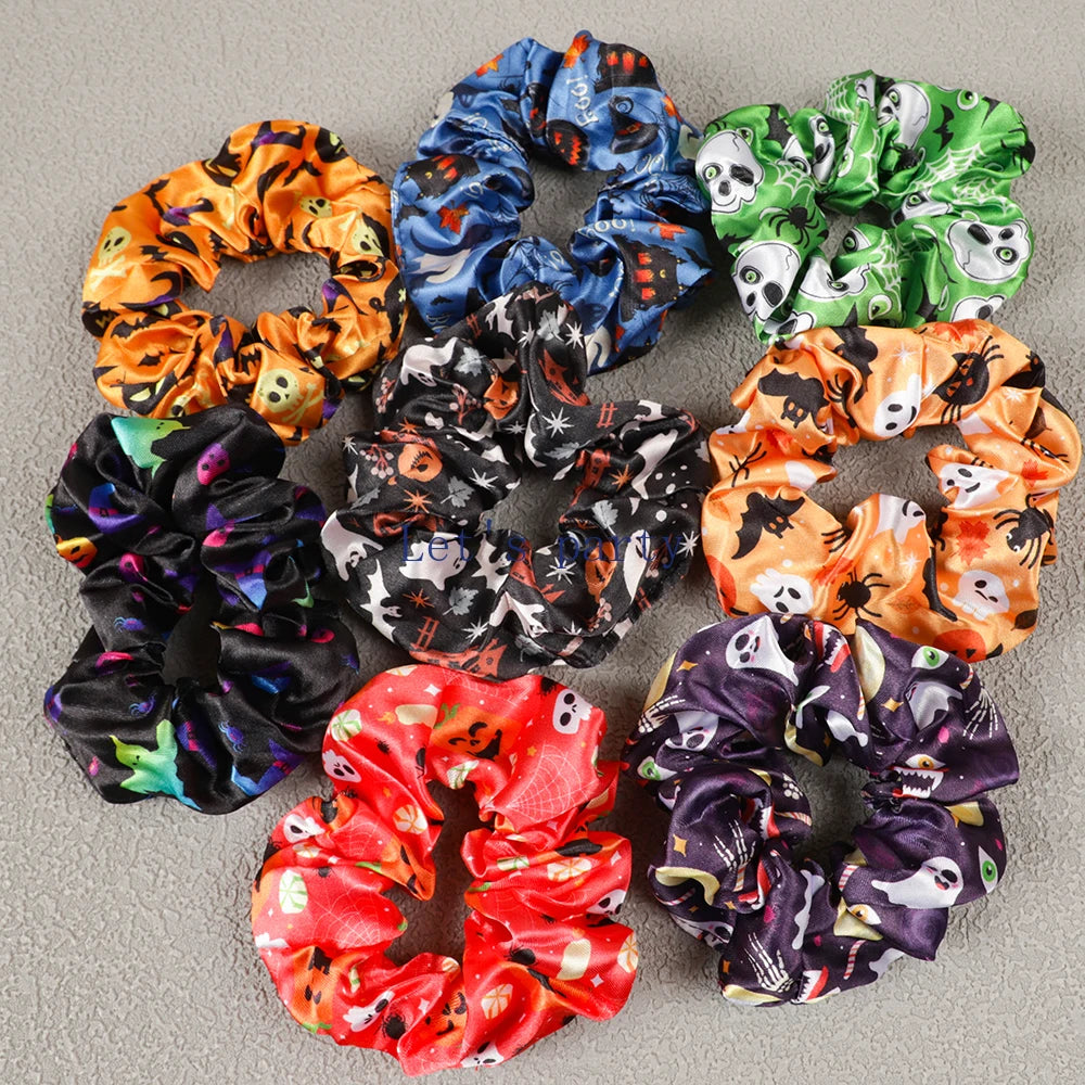 8Pcs Cartoon Ghost Pumpkin Hair Ties Skull Bat Satin Hair Band for Girl Halloween T