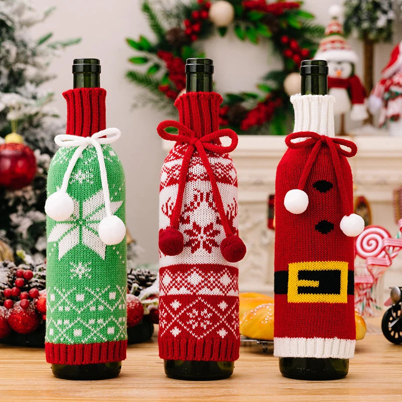 Christmas Knitted Wine Bottle Cover Pompom Bow Decor Santa Costume