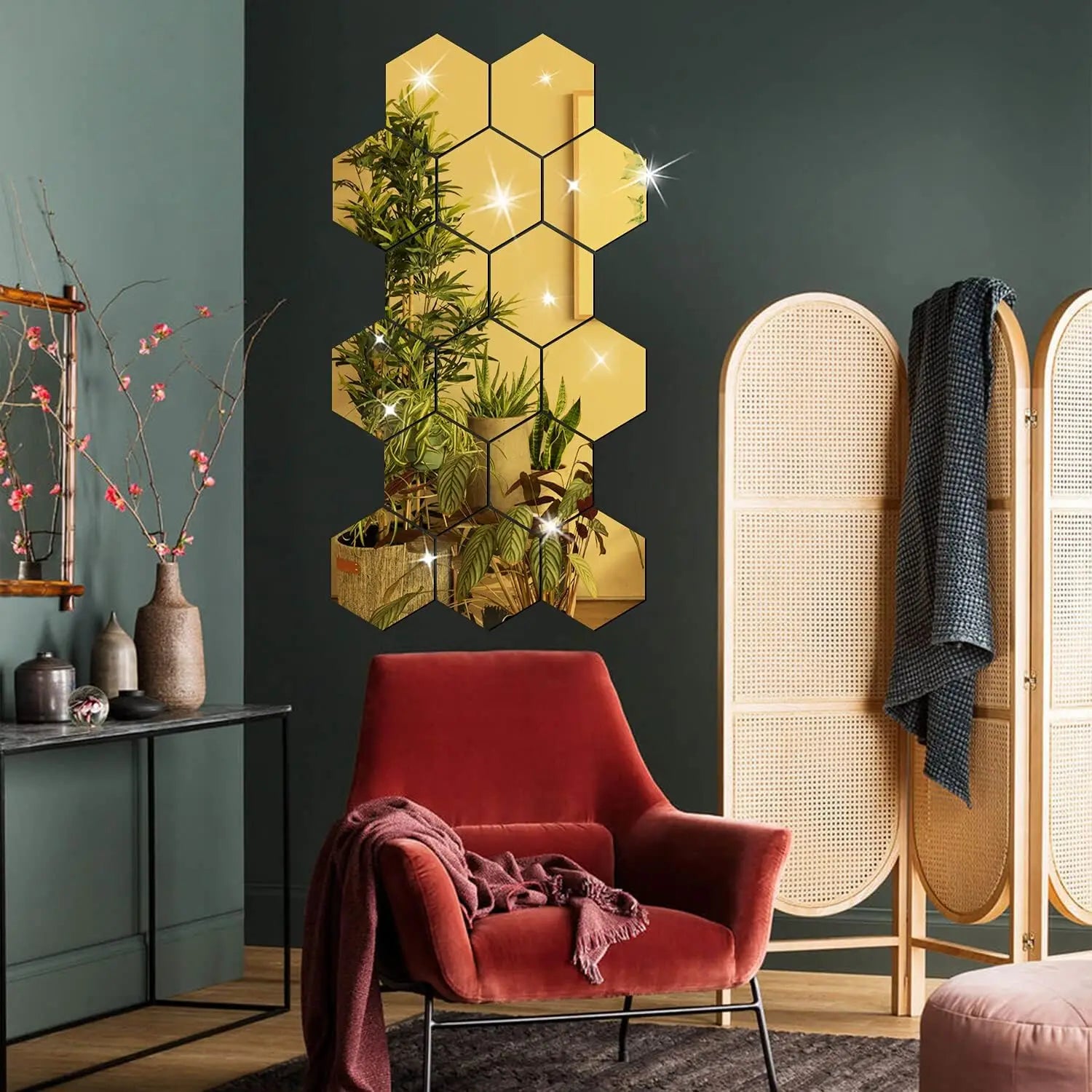 6/12pcs 3D Hexagon Mirror Wall Sticker Rose Gold DIY