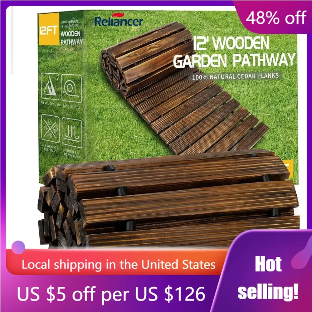 12' Wooden Garden Pathway,Patio Path Decorative Garden Boardwalk Walkways,Weather-Resistant Roll Up Beach Wood Road Floor