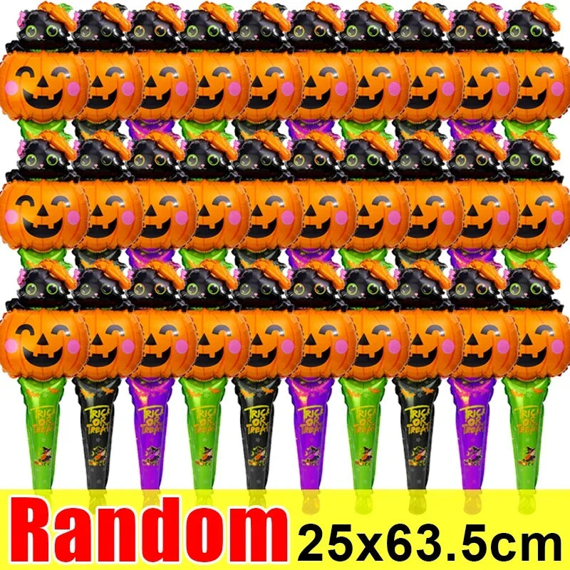 1/12pcs Halloween Balloon Stick Witch Pumpkin Cat Ghost Balloons Sticks