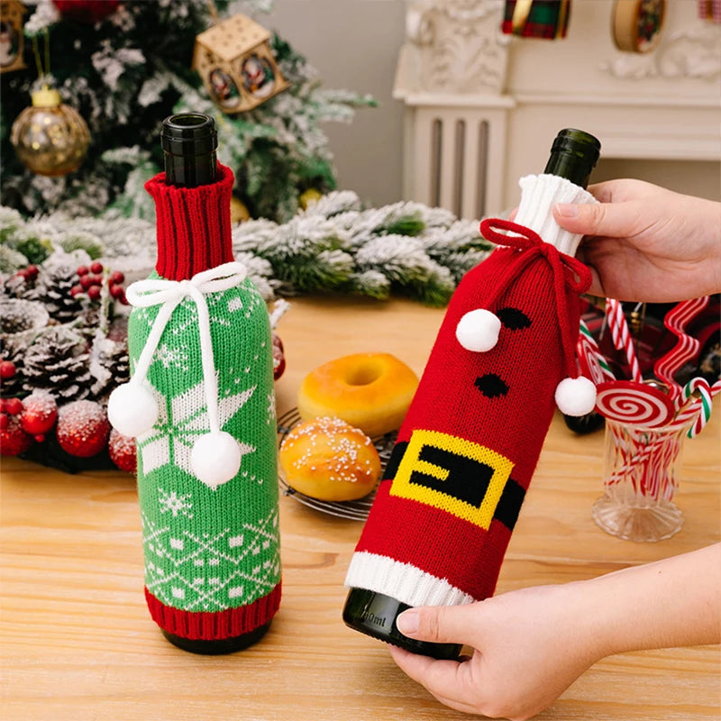 Christmas Knitted Wine Bottle Cover Pompom Bow Decor Santa Costume