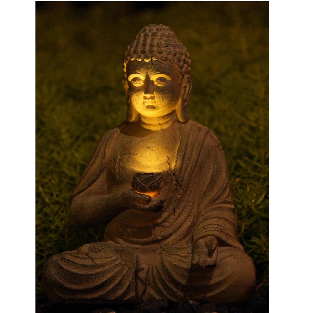 Resin Solar Buddha Statue Sculpture Garden Decor Light Zen Asian Japanese Garden Decoration Outdoor Front Porch Patio Yard Home