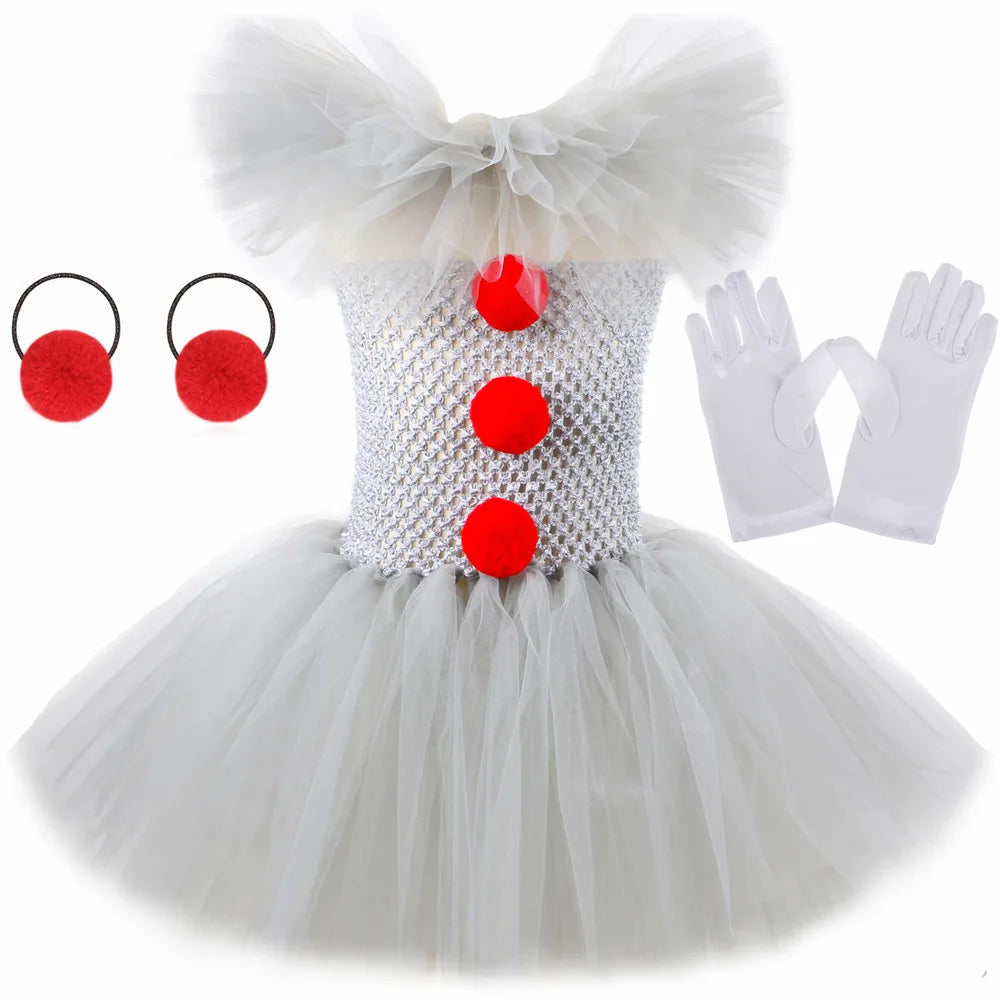 Halloween Gray Joker Girls Costume Tutu Dress Creepy Clown Kids Carnival Party Cosplay Clothing Children Tulle Fancy Dress