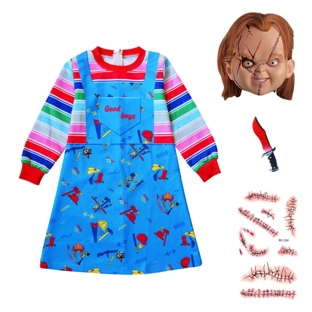 Chucky Cosplay Halloween Costume for Girls Boys Child's Play Toddle Horro  Chucky   Halloween Party Scary Tattoo Stickers Gifts