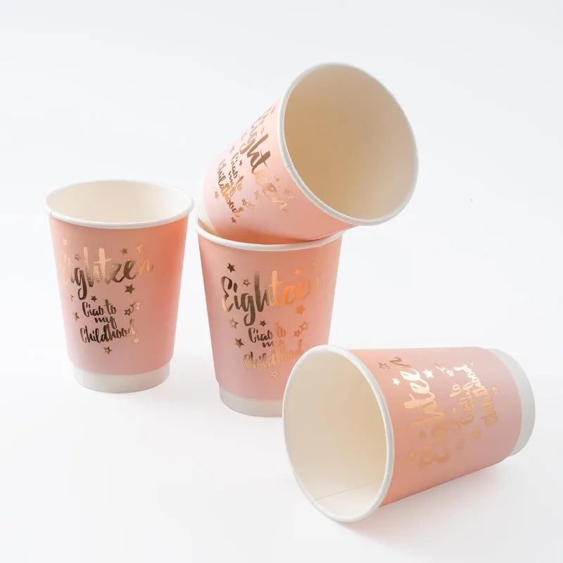 20Pcs Happy 18th Birthday Pink Rose Gold 12oz Paper Cups