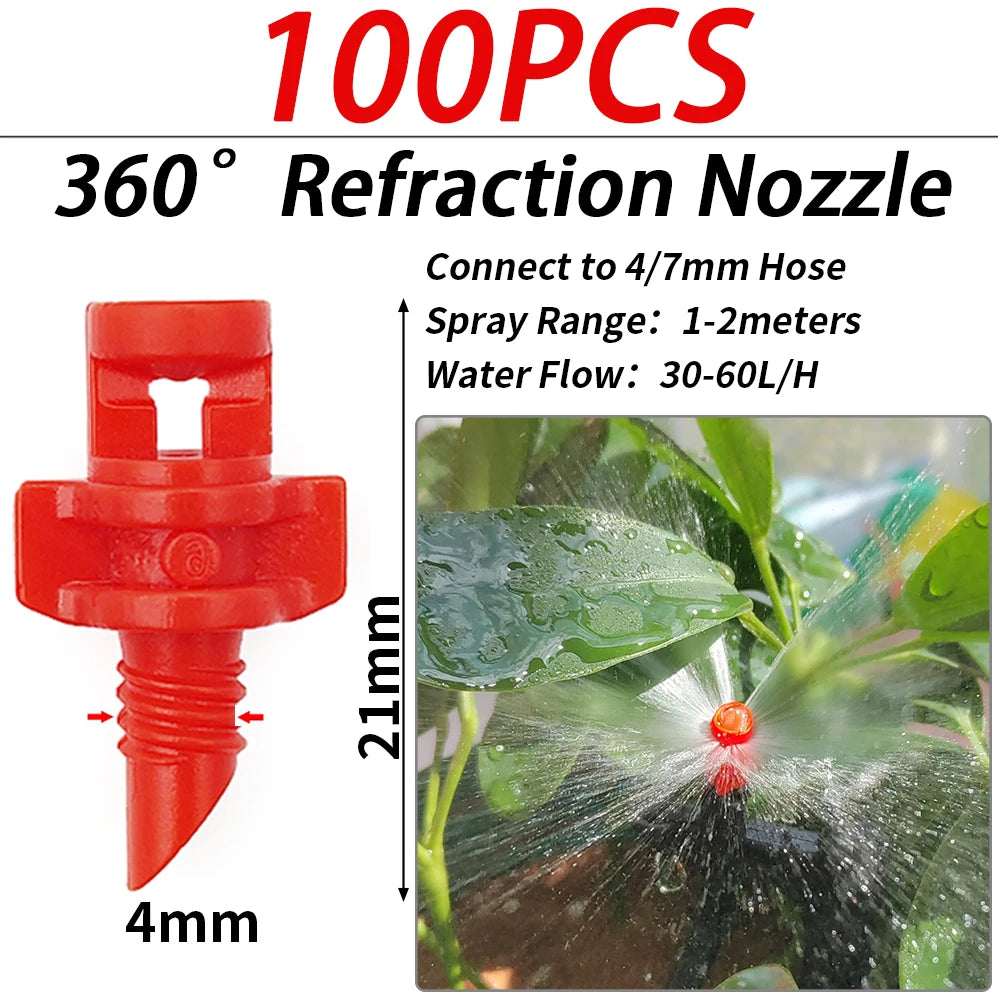 100PCS 90-360° Male Barbed Thread Refraction Micro Nozzles Garden Greenhouse Drip