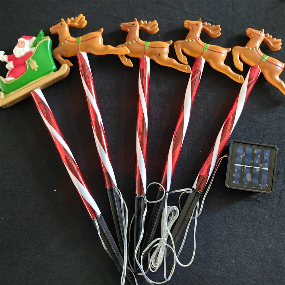 5pcs Solar Christmas Lights Santa Sleigh and Reindeer Lawn Stake Decoration Set