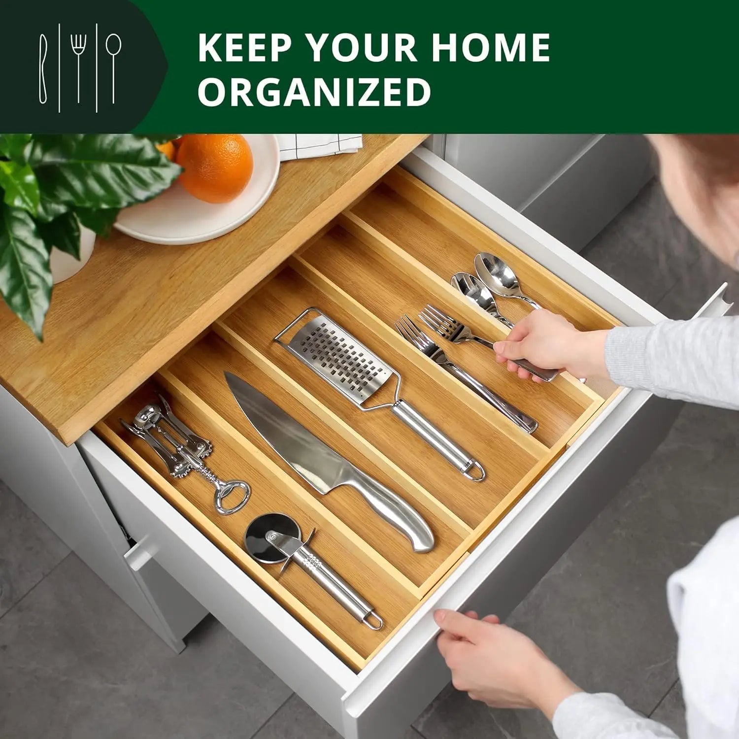 Luxury Bamboo Kitchen Drawer Organizer-Expandable Utensil Organizer for Drawer