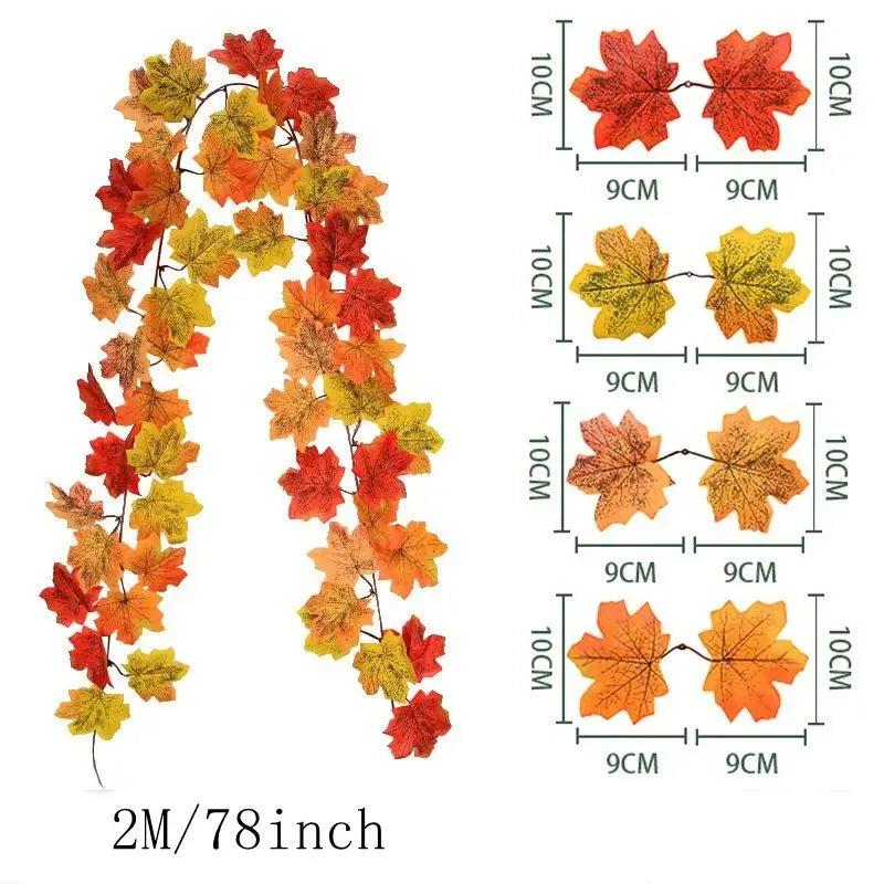 2M Artificial Fall Maple Leaf Garland Fake Plants Autumn Decor Leaves Vine