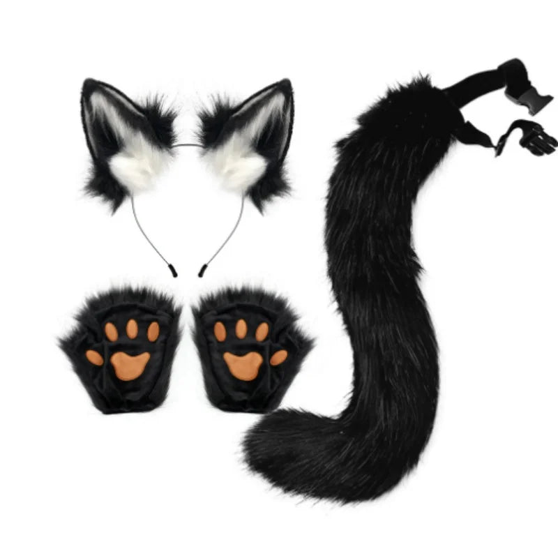 1SET Adjustable Cute Simulation Fox Tail Gloves Plush Fox Ear Hair Band Cosplay Woman Halloween Party