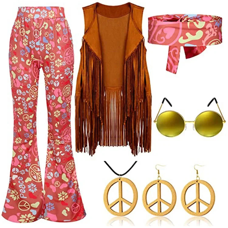 Hippie Disco 60s 70s Cosplay Costume Women Peace Love Girls Hip Indian Tassels Hippie Vest Cardigan Halloween Carnival Party